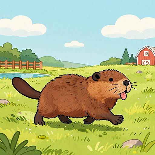 Playful Beaver in Sunlit Field