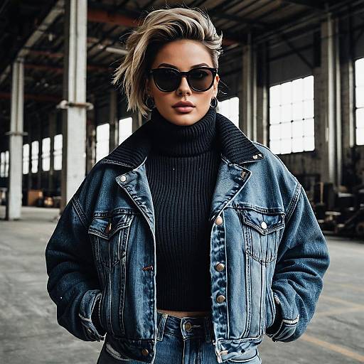 Woman in Oversized Denim Jacket and Sunglasses
