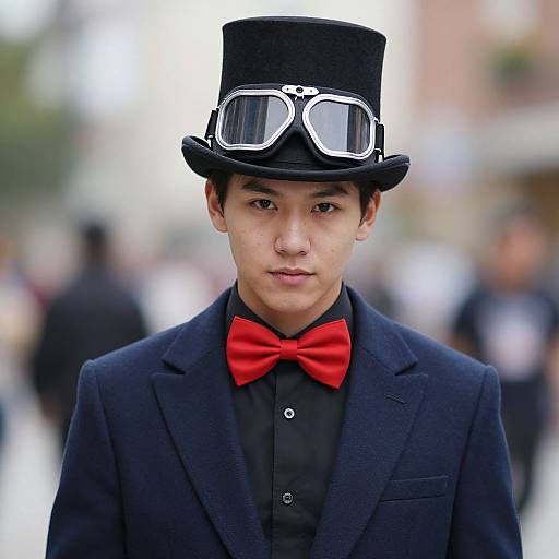 Young Asian man in black top hat with goggles, red bow tie, black suit, standing outdoors, blurred background, street scene.