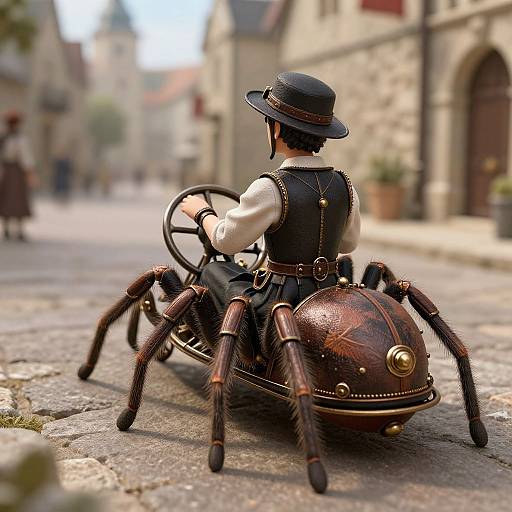 Steampunk Tarantula Rider in Historic Town