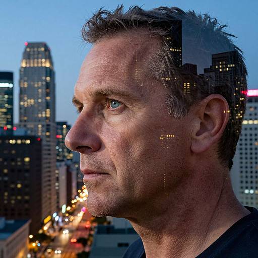 Photograph of a middle-aged man with short, slightly messy brown hair and blue eyes, looking right, superimposed onto a cityscape at dusk