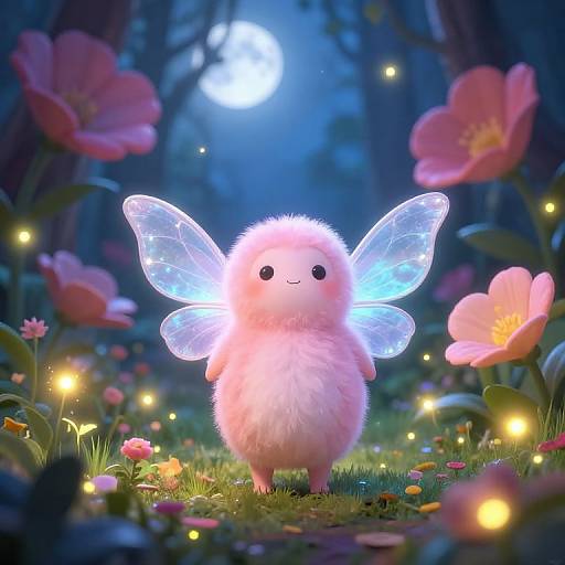 Digital illustration of a fluffy pink fairy with glowing blue wings, standing in a magical forest of glowing flowers and fireflies under a full moon.