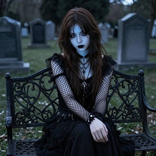 Gothic woman with blue face paint, black fishnet dress, and dark lipstick sits on a metal bench in a cemetery.