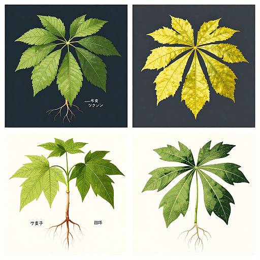 Photograph of four maple leaf illustrations: top left green leaf with visible roots, top right yellow leaf, bottom left green leaf with roots, bottom right