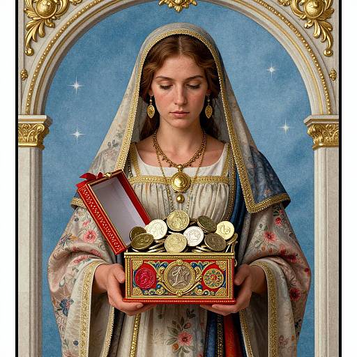 Digital painting of a serene, brown-haired woman in a floral, gold-trimmed veil, holding a richly decorated box of coins under an orn