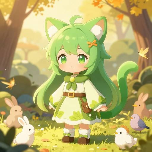 Anime-style digital drawing of a green-haired, cat-eared girl with large green eyes, wearing a yellow-green dress, standing in a sunlit forest