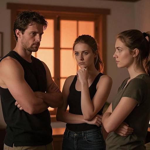 Three Figures in a Dimly Lit Room