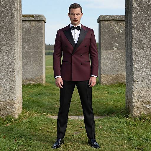 Photograph of a serious, fair-skinned man in a maroon tuxedo with black bow tie, standing between stone pillars on grass.