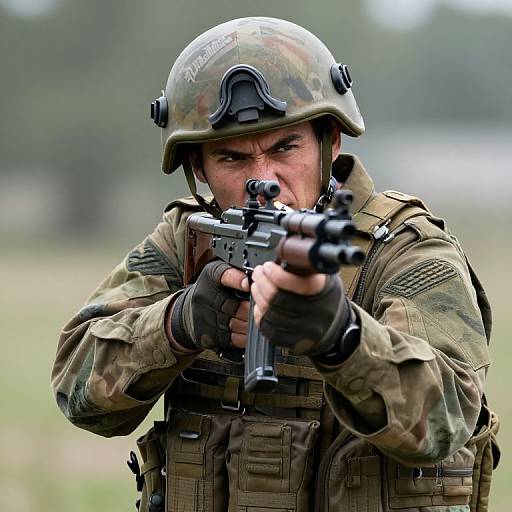 Photograph of a focused male soldier in camouflage uniform, helmet, and gloves, aiming a black rifle with both hands, outdoors.