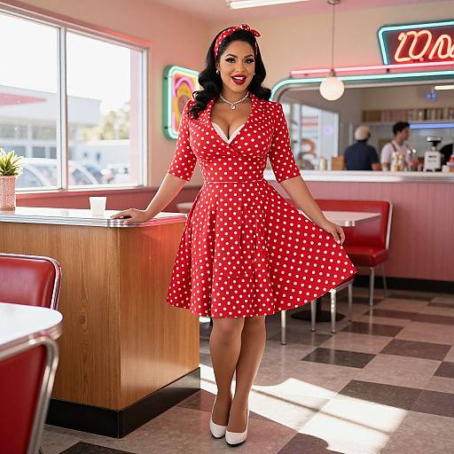 Photograph of a curvy woman with dark hair, red polka dot dress, white heels, and red headband, standing in a sunlit