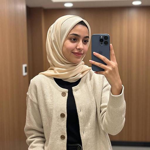 Young Woman Mirror Selfie in Beige Hijab