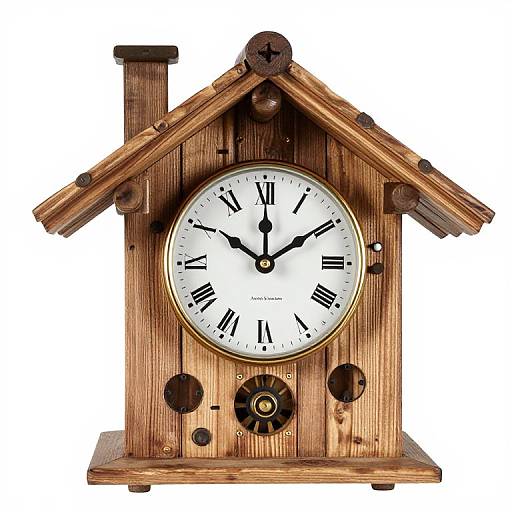 Photograph of a rustic, wooden house-shaped clock with black Roman numerals, white face, black hands, and metal accents on a plain white background