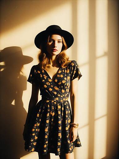 Woman in Boho Floral Dress and Black Hat