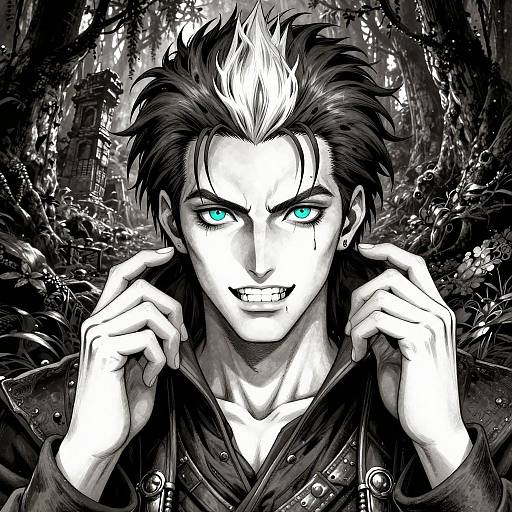 Digital anime-style portrait of a grinning man with spiky black and white hair, glowing blue eyes, and pointed teeth, set against a dark,