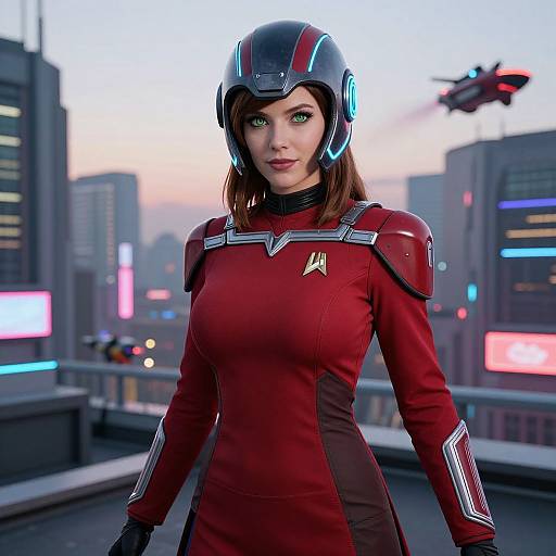 CGI image of a confident woman in a red Starfleet uniform with black and silver accents, wearing a futuristic helmet, standing on a rooftop at dusk