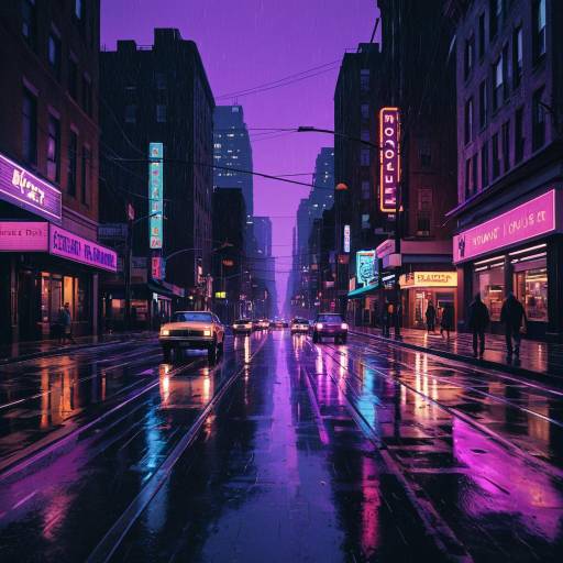 Neon-lit Rainy City Street at Dusk