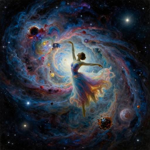 Digital art of a silhouetted dancer in a flowing dress, surrounded by vibrant, swirling cosmic colors and stars in a galaxy.