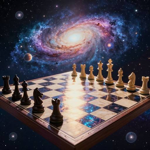 Photorealistic CGI of a chessboard floating in space, with white and black pieces arranged, against a vibrant, glowing spiral galaxy background.