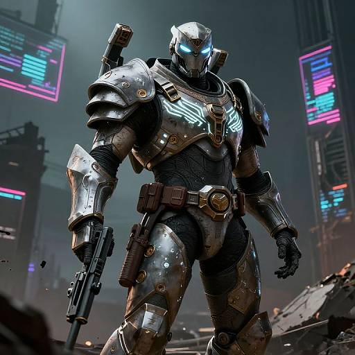 CGI image of a futuristic, armored soldier with glowing blue visor, holding a gun, in a neon-lit, dystopian cityscape.