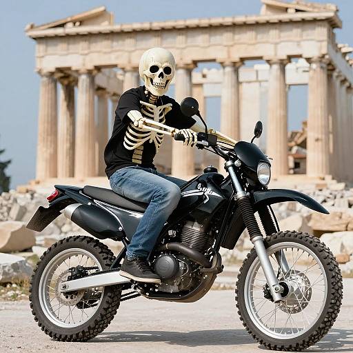 Photograph of a skeleton in black shirt and jeans riding a black motorcycle, with ancient Greek columns in the background.