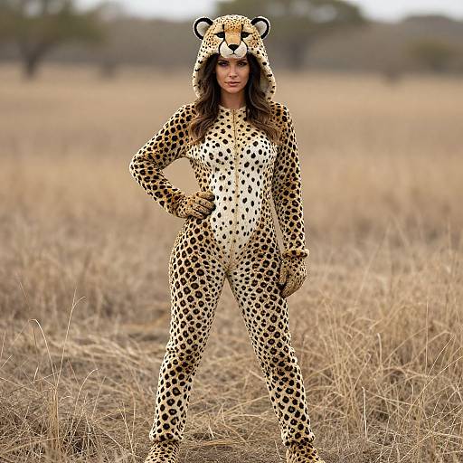 Photograph of a woman in a cheetah onesie with hood, standing confidently in a dry savannah, hands on hips.