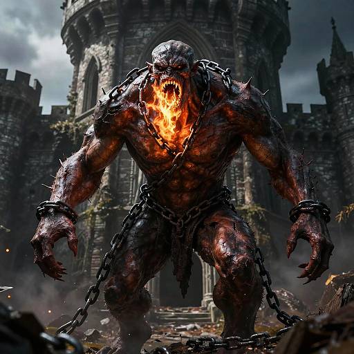 Digital artwork of a muscular, demonic creature with a fiery mouth, chains, and dark, stone castle background in a stormy sky.
