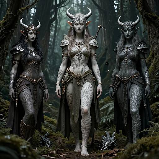 Digital artwork of three dark-skinned, horned, elven warriors with intricate armor and tattoos, walking in a misty, moss-covered forest.