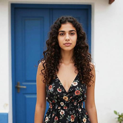 Photograph of a young woman with long, curly black hair, wearing a black floral dress, standing in front of a blue door on a white wall