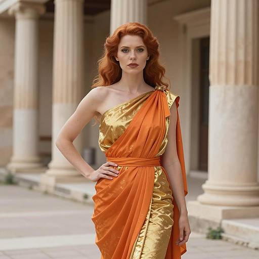 Red-haired Woman in Orange and Gold Toga