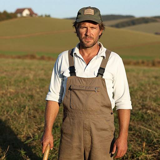 Photograph of rugged, bearded farmer with sunlit, green field background, wearing green cap, white shirt, brown overalls, holding wooden stick