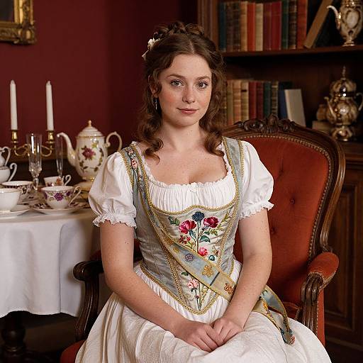Photograph of a fair-skinned woman with brown curls, wearing a white dress with a detailed, floral-patterned, medieval-style bodice, seated