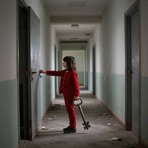 Photograph of a young girl in a red outfit, holding a large key, standing in a dim, deserted, and slightly dirty hallway, touching a