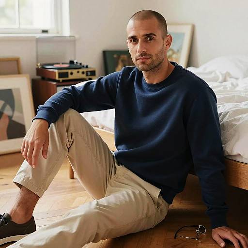 Photograph of a bald, bearded man in a navy sweater and beige pants, sitting on a wooden floor beside a bed in a sunlit,