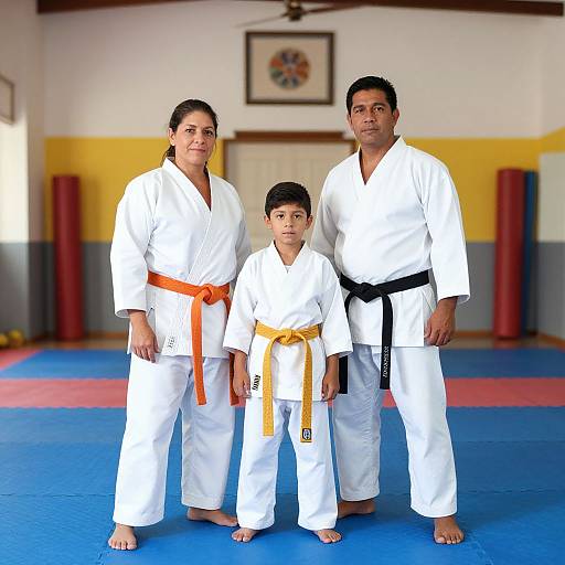 Photograph of a family of three in white karate uniforms; father with black belt, mother with orange belt, son with yellow belt, standing in