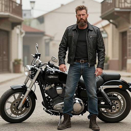Photograph of a bearded man with a rugged look, wearing a black leather jacket and blue jeans, standing confidently beside a black Harley-Davidson