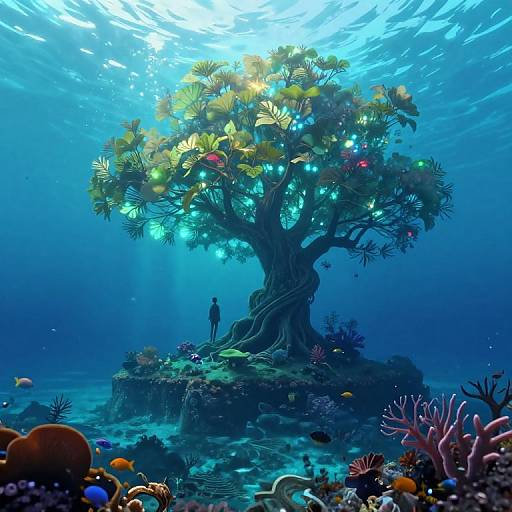 Underwater fantasy scene: A glowing, luminescent tree with colorful fish, surrounded by vibrant coral and a solitary figure, bathed in blue light