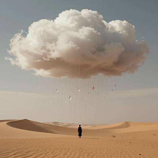 Photograph of a solitary figure in black standing in a vast, sandy desert under a large, rain-filled cloud with droplets falling.