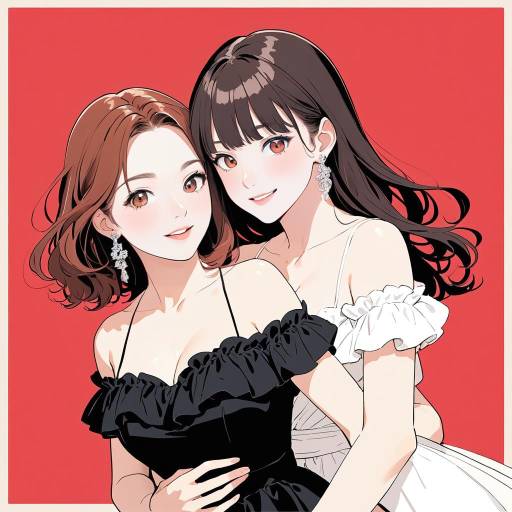 Two Young Women Embracing with Red Background