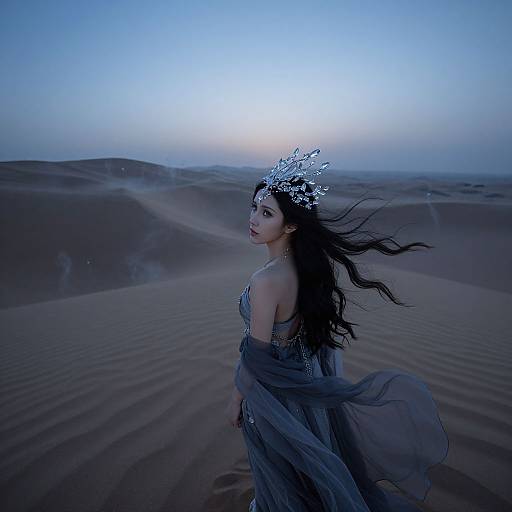 Photograph of an Asian woman with long black hair and a silver crown, wearing a flowing gray dress, standing in a desolate, blue-lit
