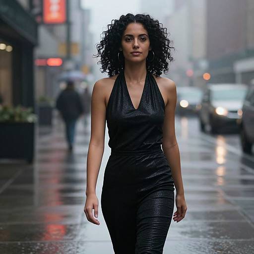 Photograph of a confident woman with curly black hair in a shiny black halter dress, walking on a rainy urban street.
