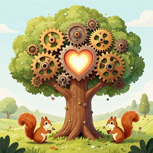 Illustration of a whimsical tree with gears and a glowing heart, flanked by two cute red squirrels in a sunny meadow.