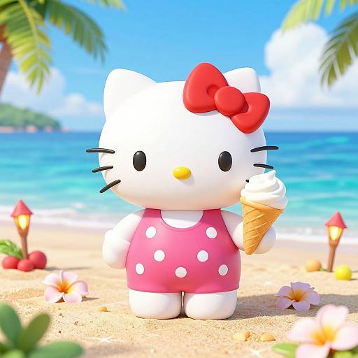 Digital illustration of Hello Kitty with a red bow, pink polka-dot dress, holding an ice cream cone, on a sunny beach with palm trees,