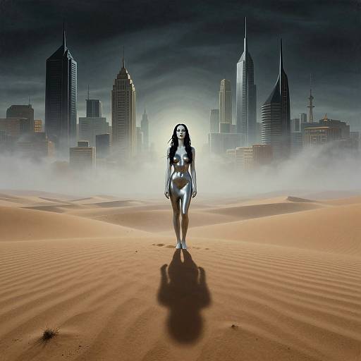 Digital artwork: Silhouetted woman with flowing hair stands in desert, shadow cast forward, modern skyscrapers in misty background, sun behind