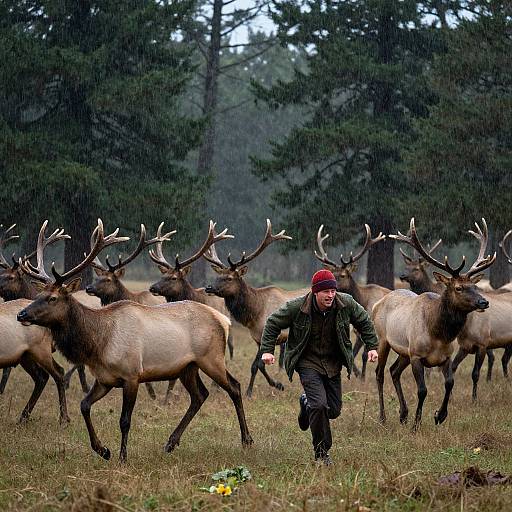 Photograph of a man in a green jacket and red beanie running through a rain-soaked forest with a herd of large, antlered elk
