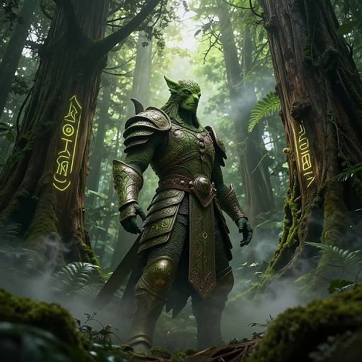 Digital artwork of a muscular, armored wolf-man standing in a misty, dense forest, illuminated by sunlight. Ancient runes adorn tree trunks.