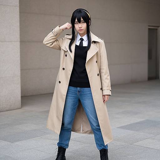 Photorealistic digital image of an Asian woman with black hair, wearing a beige trench coat, black sweater, white shirt, blue jeans, and black
