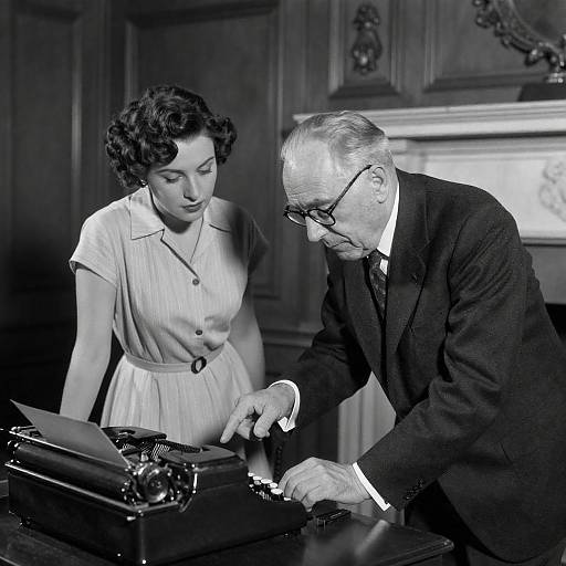 Elderly Man Teaching Woman to Use Vintage Typewriter