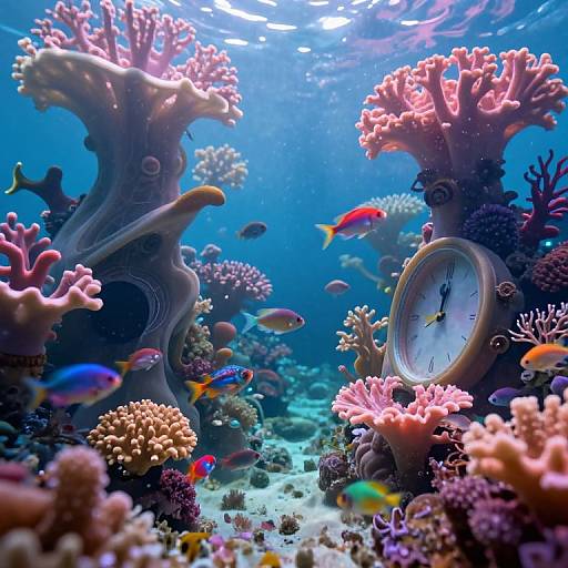 Photograph of a vibrant underwater coral reef with colorful fish, pink and purple corals, and a clock embedded in the reef, bathed in blue