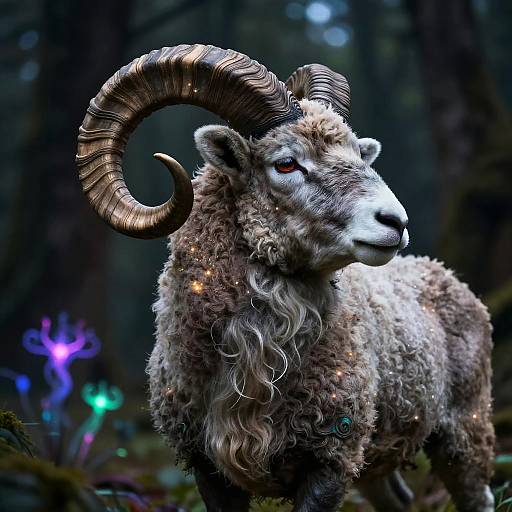 Mystical Ram Portrait with Glowing Horns