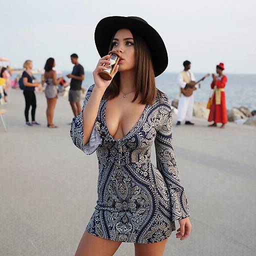 Photograph of a young woman with medium skin tone, wearing a black hat and black-and-white patterned dress, sipping a drink at a beach